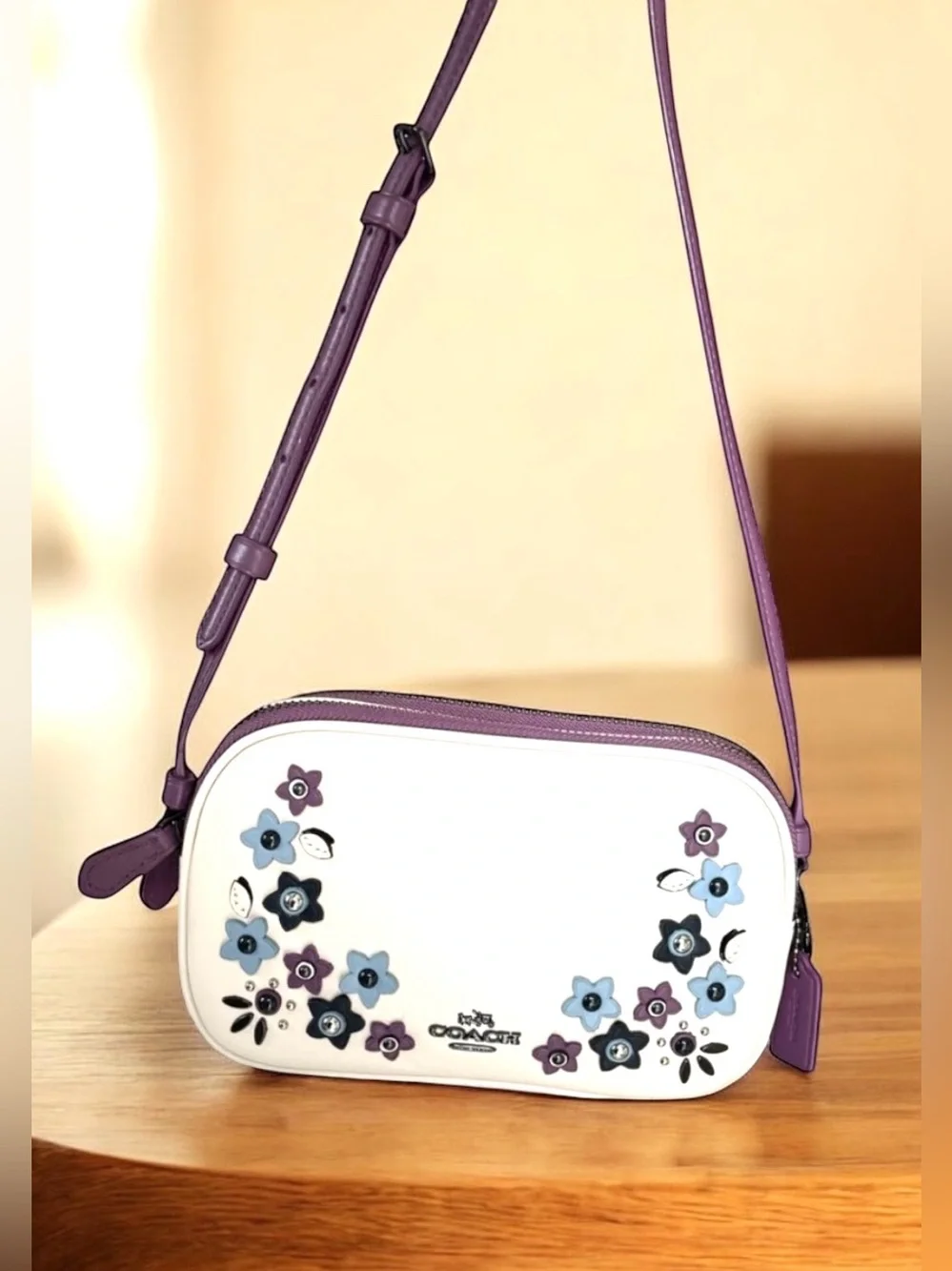 Coach Floral Appliqué Crossbody Bag Off White Purple Leather